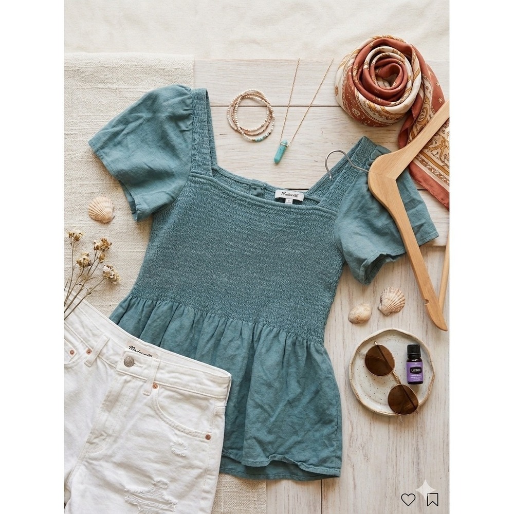 Madewell Cottagecore Smocked Linen‎ Blend Square Neck Top Women's XS